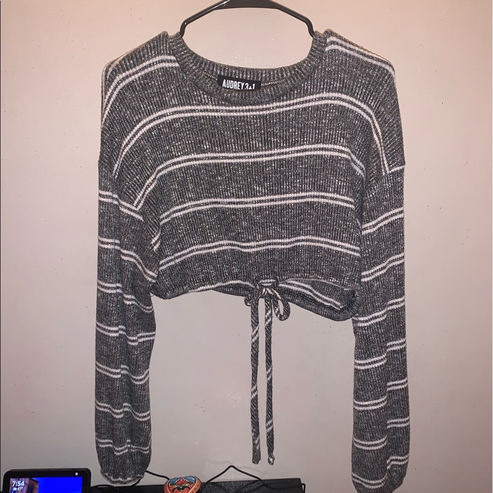 Gray and White Striped Long Sleeve Crop Top